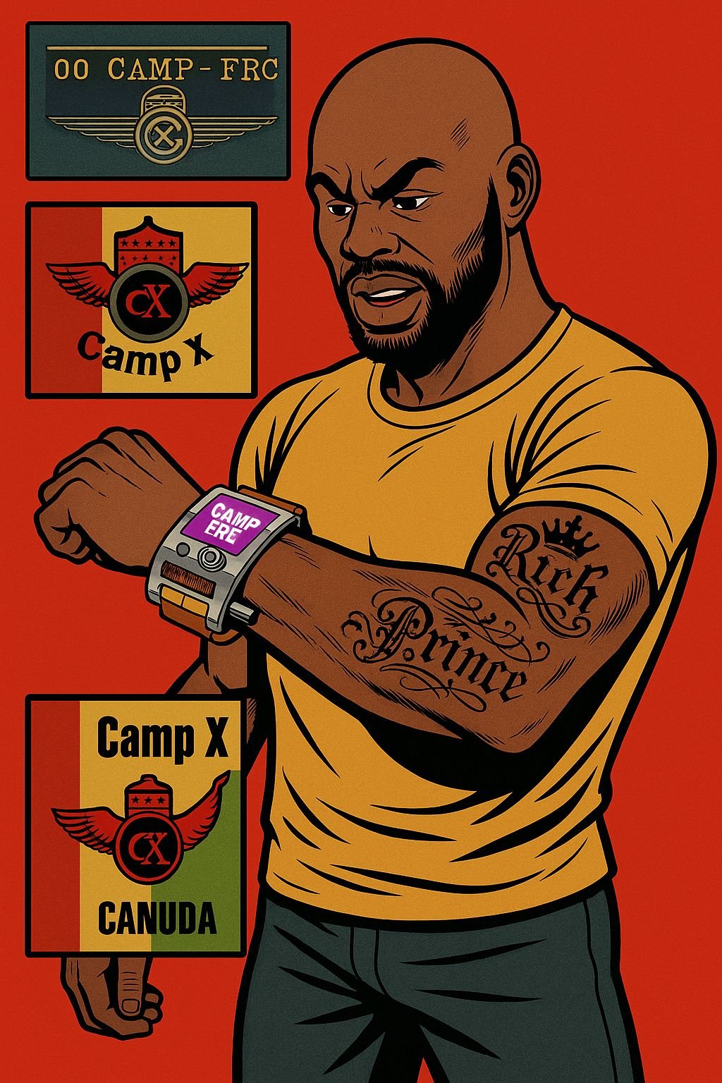 Rich Prince in the Camp X yellow tee