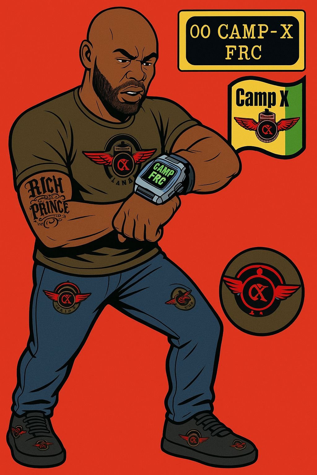 Camp X FRC hero with emblem patches