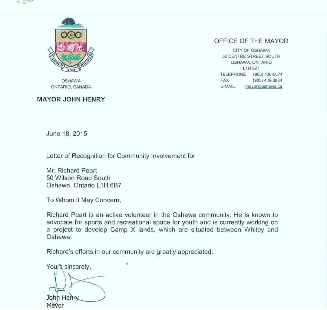 Letter of recognition from the Mayor of Oshawa to Richard Peart