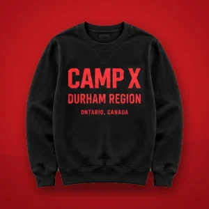 Camp X Durham Region Red Print Crewneck Sweater: black crewneck sweater with red CAMP X Durham Region print on a red background