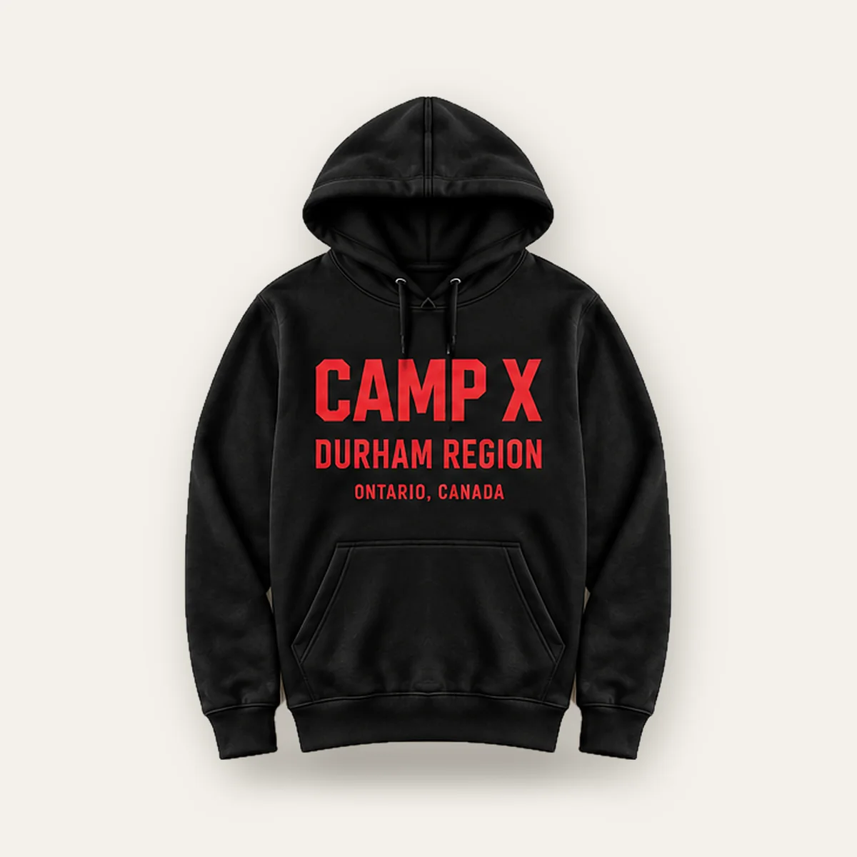 Camp X Durham Region Red Print Hoodie, front view on a light studio background
