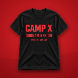 Camp X Durham Region Red Print T-Shirt: black T-shirt with red CAMP X Durham Region print on a red background