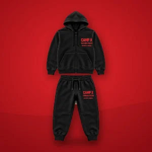 Camp X Durham Region Red Print Cotton Tracksuit: black zip-up hoodie and joggers with red CAMP X Durham Region print on a red background