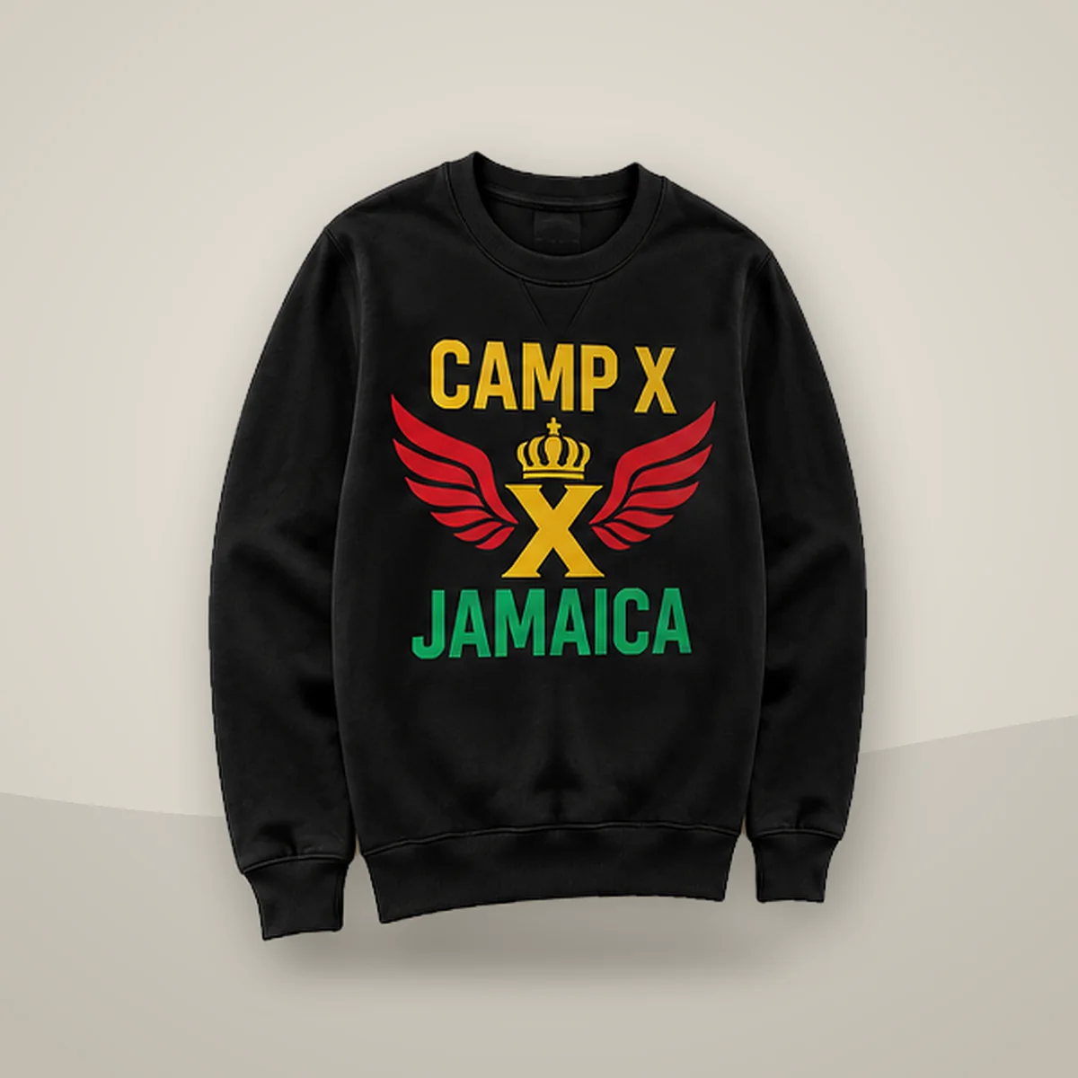 Camp X Jamaica Green Print Crewneck Sweater, angled view showing the Camp X Jamaica crown and wings print