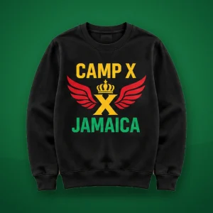 Camp X Jamaica Green Print Crewneck Sweater: black crewneck sweater with Camp X Jamaica crown and wings print on a green background
