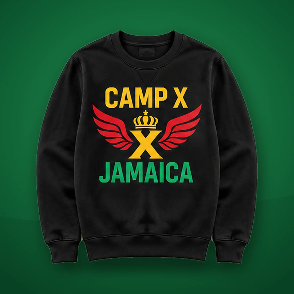 Camp X Jamaica Green Print Crewneck Sweater: black crewneck sweater with Camp X Jamaica crown and wings print on a green background