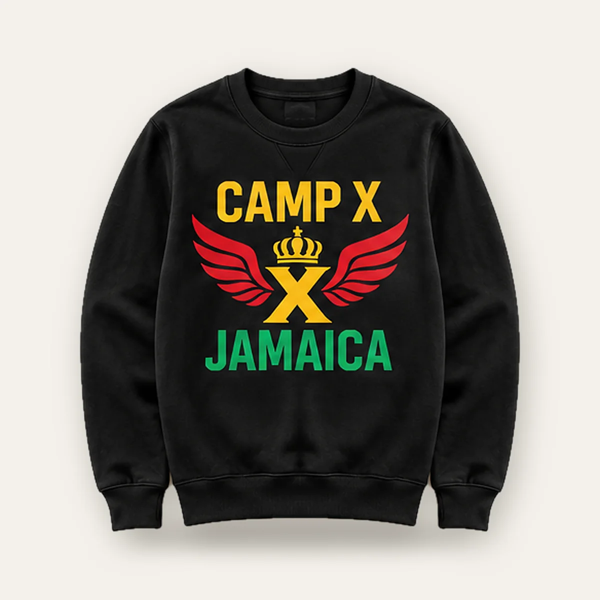 Camp X Jamaica Green Print Crewneck Sweater, front view on a light studio background