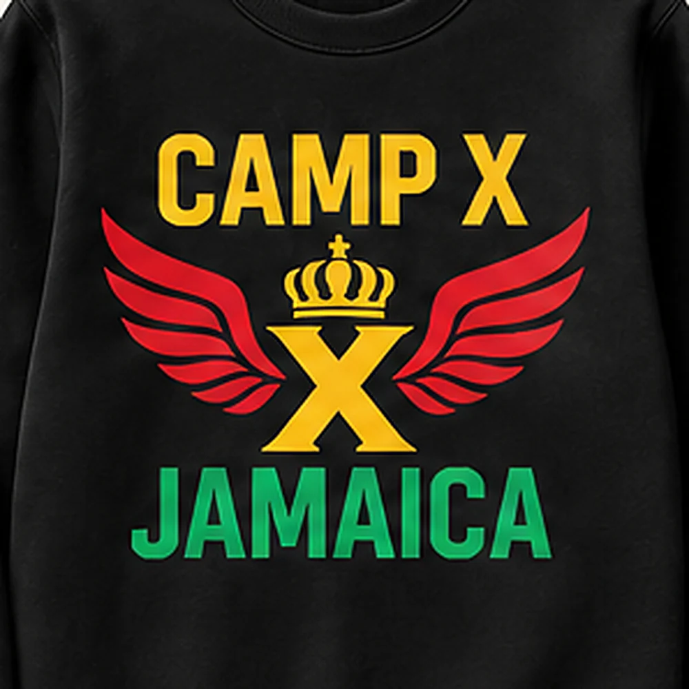 Close-up of the Camp X Jamaica crown and wings print on the Camp X Jamaica Green Print Crewneck Sweater