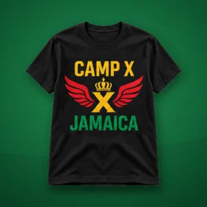 Camp X Jamaica Green Print T-Shirt: black T-shirt with Camp X Jamaica crown and wings print on a green background