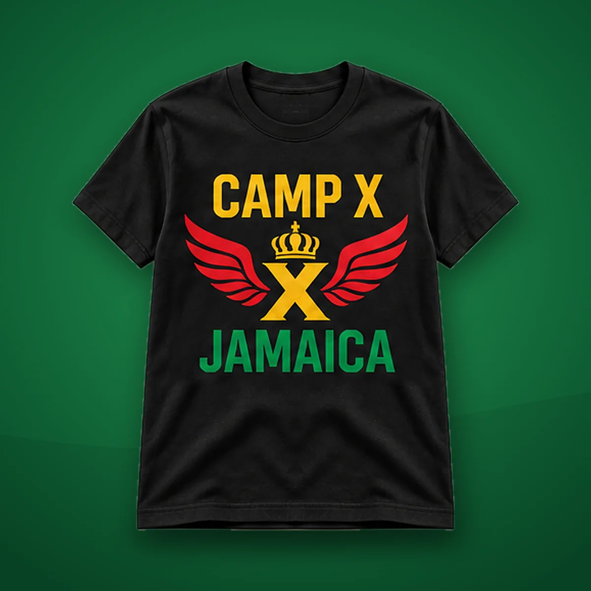Camp X Jamaica Green Print T-Shirt: black T-shirt with Camp X Jamaica crown and wings print on a green background