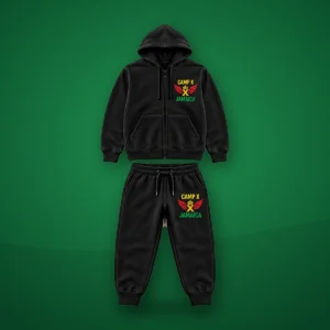 Camp X Jamaica Green Print Cotton Tracksuit: black zip-up hoodie and joggers with Camp X Jamaica crown and wings print on a green background