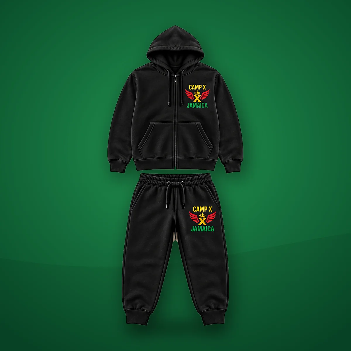 Camp X Jamaica Green Print Cotton Tracksuit: black zip-up hoodie and joggers with Camp X Jamaica crown and wings print on a green background