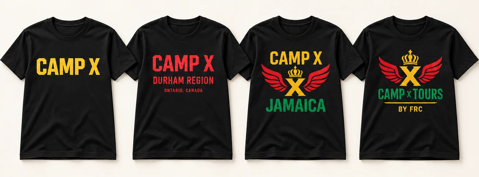 Camp X t-shirt in all four collections: Yellow, Red Durham Region, Green Jamaica and Camp X Tours by FRC