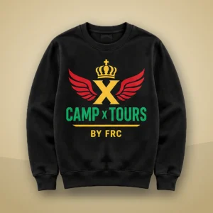 Camp X Tours by FRC Crewneck Sweater: black crewneck sweater with Camp X Tours by FRC emblem print on a cream and gold background
