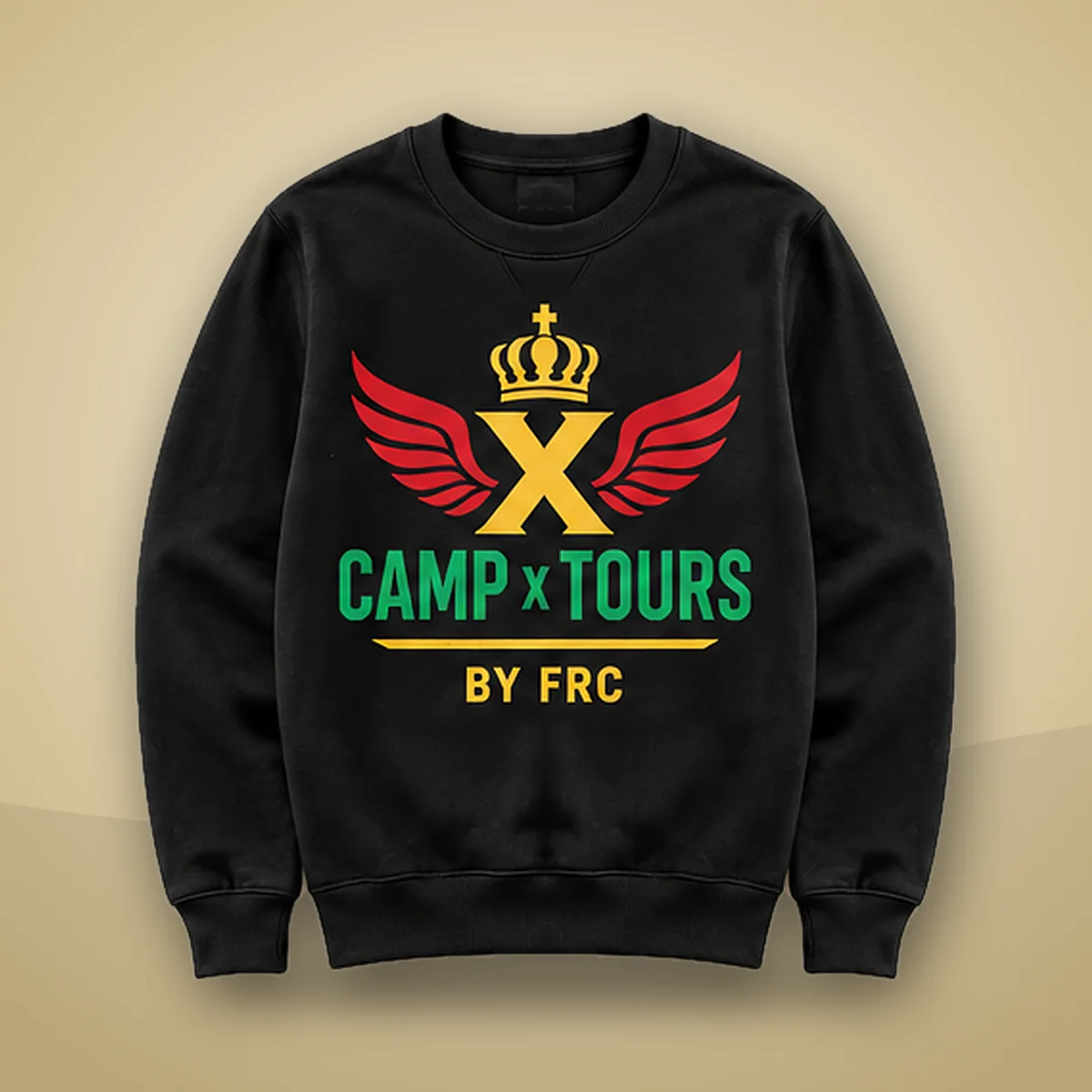 Camp X Tours by FRC Crewneck Sweater: black crewneck sweater with Camp X Tours by FRC emblem print on a cream and gold background