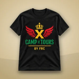 Camp X Tours by FRC T-Shirt: black T-shirt with Camp X Tours by FRC emblem print on a cream and gold background