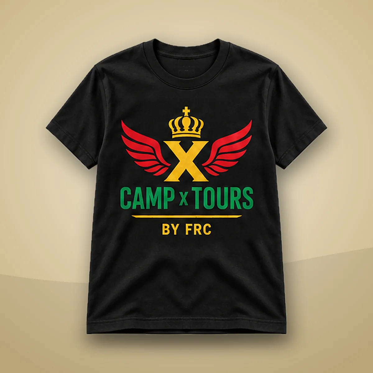 Camp X Tours by FRC T-Shirt: black T-shirt with Camp X Tours by FRC emblem print on a cream and gold background