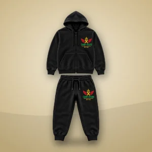 Camp X Tours by FRC Cotton Tracksuit: black zip-up hoodie and joggers with Camp X Tours by FRC emblem print on a cream and gold background