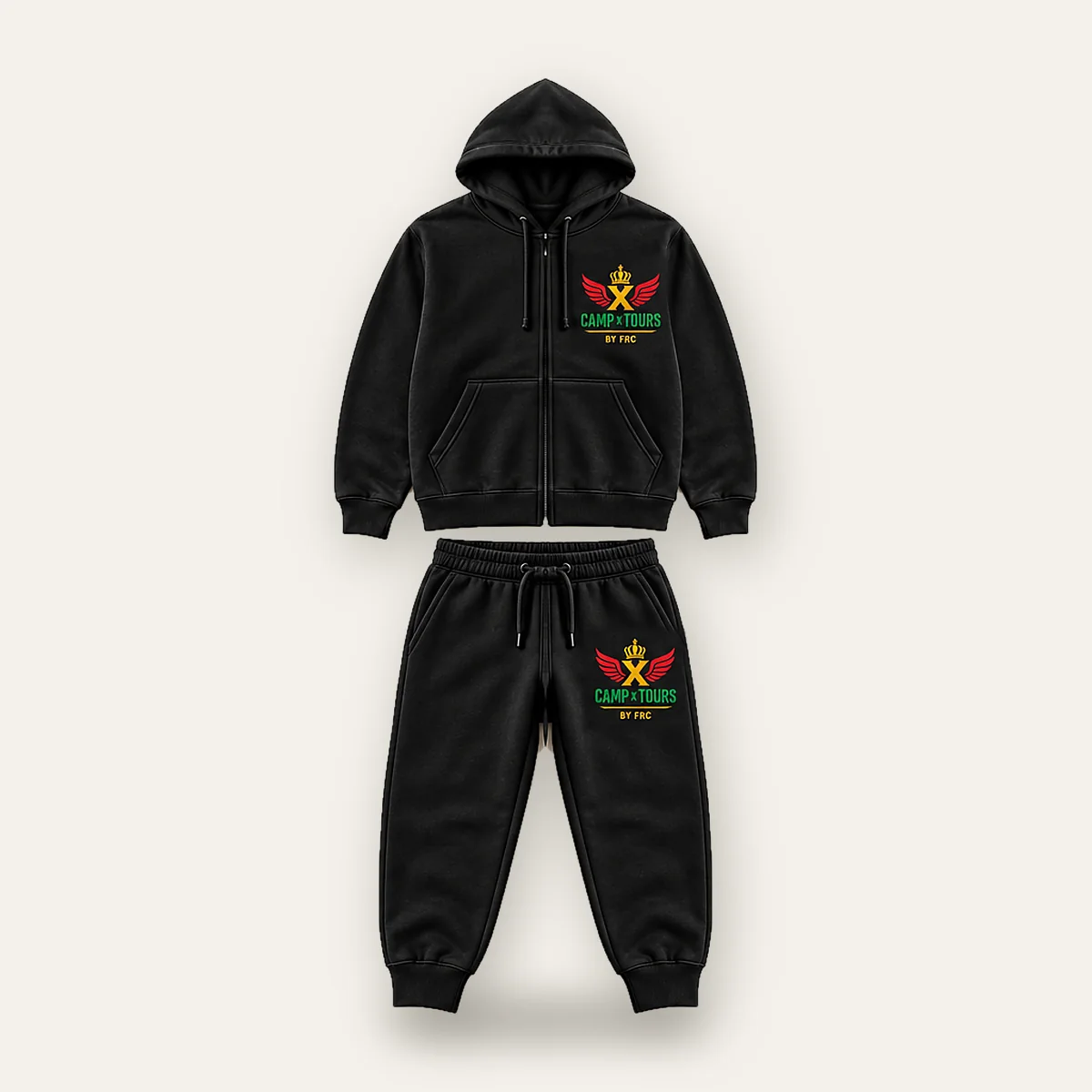 Camp X Tours by FRC Cotton Tracksuit, front view on a light studio background