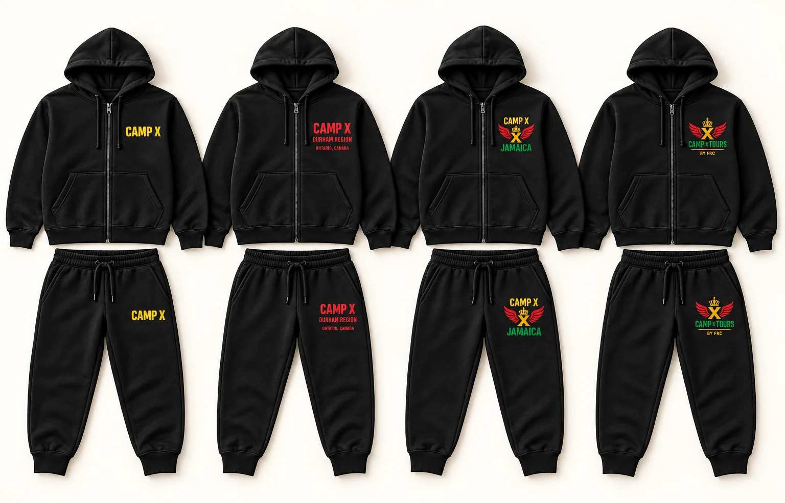Camp X tracksuit in all four collections: Yellow, Red Durham Region, Green Jamaica and Camp X Tours by FRC