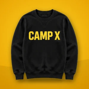 Camp X Yellow Print Crewneck Sweater: black crewneck sweater with yellow CAMP X print on a yellow background