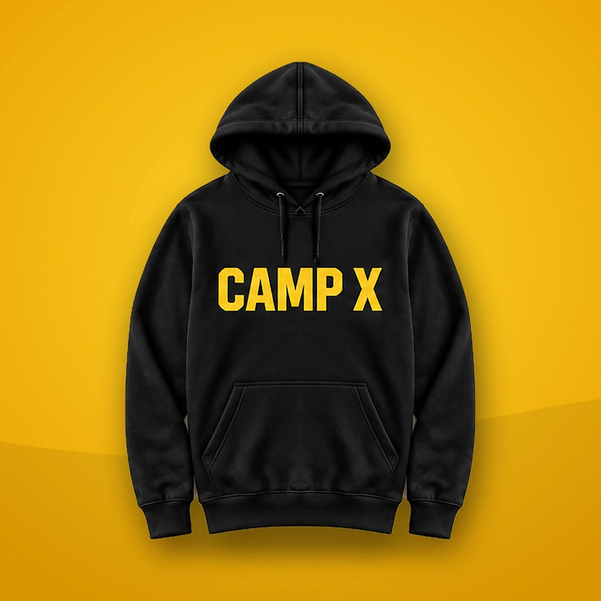 Camp X Yellow Print Hoodie — black hoodie with bold yellow CAMP X lettering