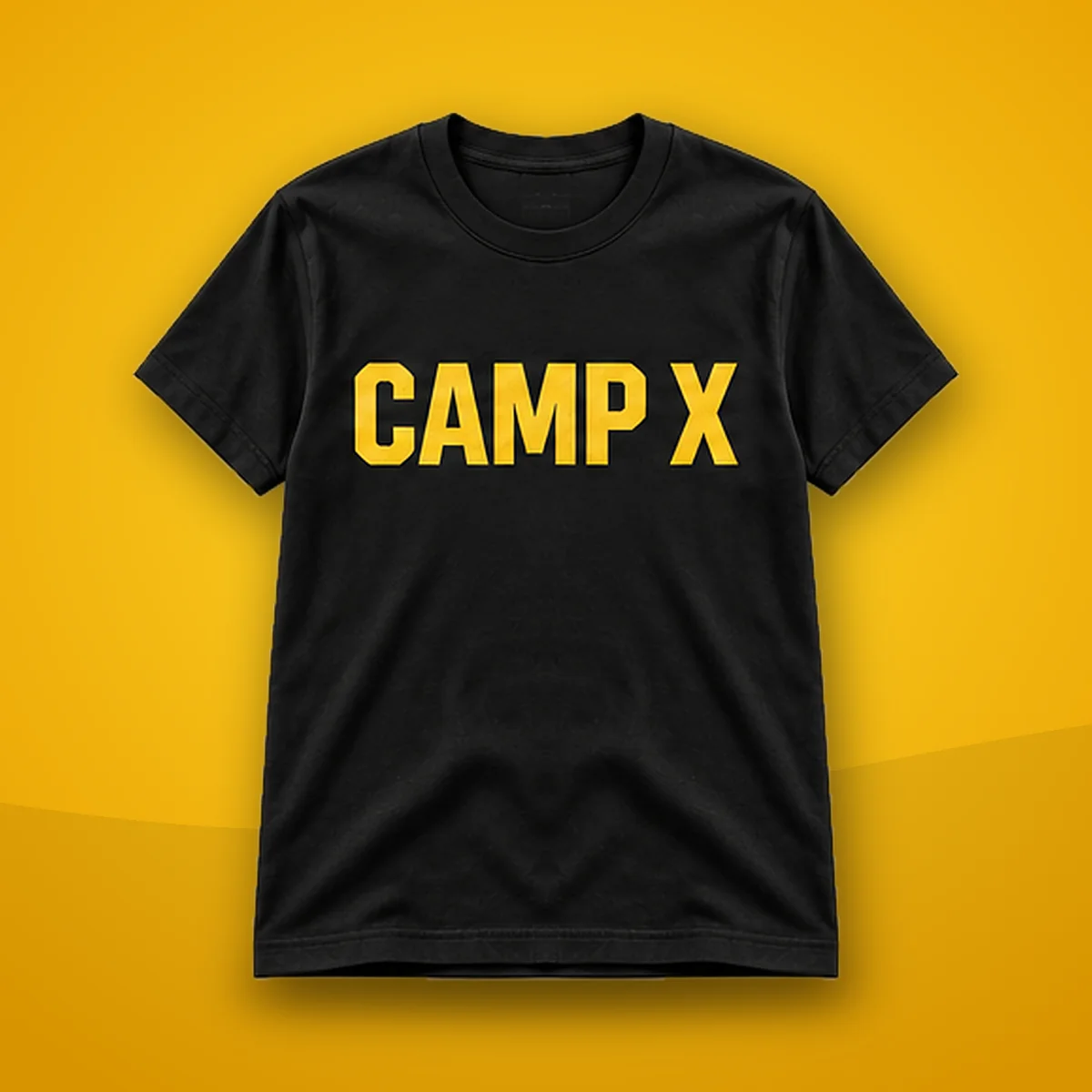Camp X Yellow Print T-Shirt: black T-shirt with yellow CAMP X print on a yellow background