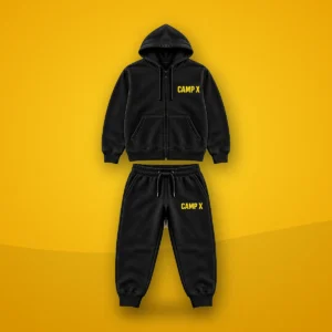 Camp X Yellow Print Cotton Tracksuit: black zip-up hoodie and joggers with yellow CAMP X print on a yellow background
