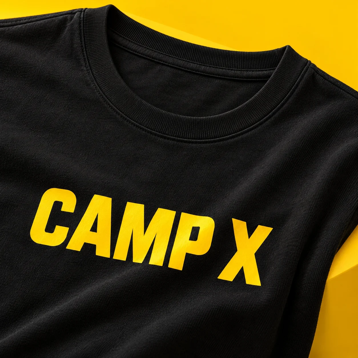 Close-up of the yellow CAMP X lettering printed on the chest of a black T-shirt, with the ribbed crew neckline visible