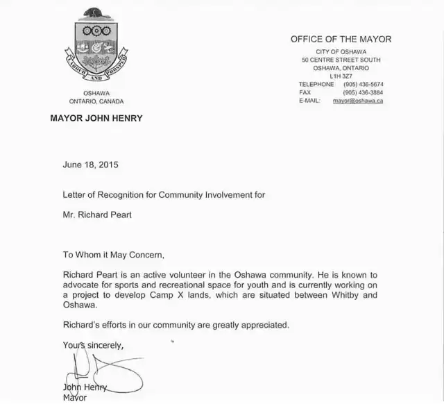2015 letter of recognition from the Office of the Mayor of Oshawa